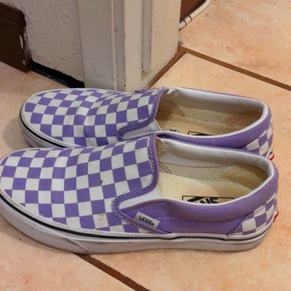 White & purple checker vans